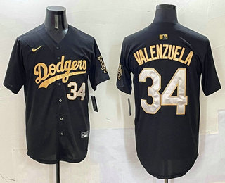 Men's Los Angeles Dodgers #34 Fernando Valenzuela Number Black Gold Stitched Cool Base Jersey