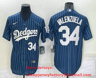 Men's Los Angeles Dodgers #34 Fernando Valenzuela Number Navy Blue Pinstripe Stitched MLB Cool Base Nike Jersey