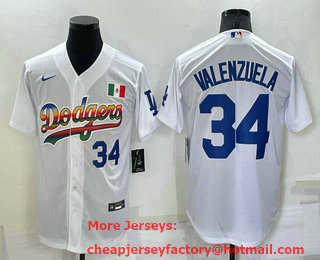 Men's Los Angeles Dodgers #34 Fernando Valenzuela Rainbow Blue White Mexico Cool Base Nike Jersey