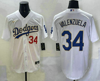 Men's Los Angeles Dodgers #34 Fernando Valenzuela White Gold Limited Jersey