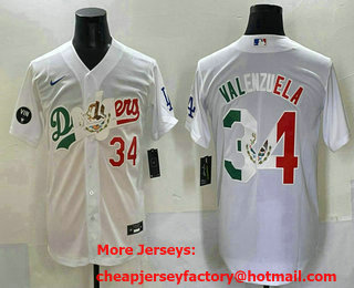 Men's Los Angeles Dodgers #34 Fernando Valenzuela White Mexico Vin Scully Patch Stitched Jersey