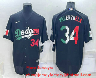 Men's Los Angeles Dodgers #34 Fernando Valenzuela Number Mexico Black Cool Base Stitched Baseball Jersey