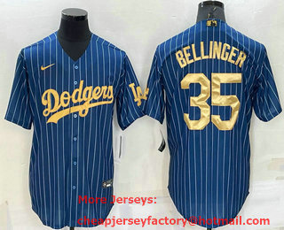 Men's Los Angeles Dodgers #35 Cody Bellinger Navy Blue Gold Pinstripe Stitched MLB Cool Base Nike Jersey