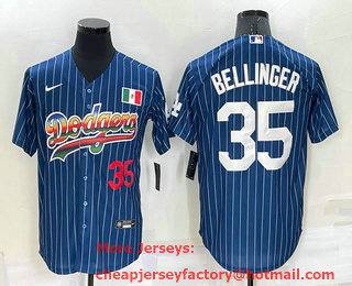 Men's Los Angeles Dodgers #35 Cody Bellinger Number Rainbow Blue Red Pinstripe Mexico Cool Base Nike Jersey 01