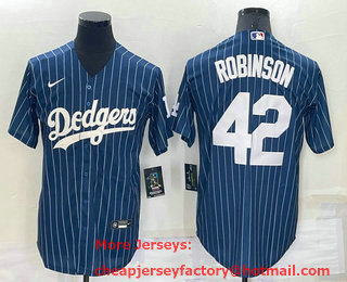 Men's Los Angeles Dodgers #42 Jackie Robinson Navy Blue Pinstripe Stitched MLB Cool Base Nike Jersey