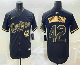 Men's Los Angeles Dodgers #42 Jackie Robinson Number Black Gold Limited Jersey