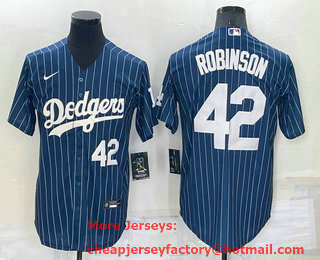 Men's Los Angeles Dodgers #42 Jackie Robinson Number Navy Blue Pinstripe Stitched MLB Cool Base Nike Jersey