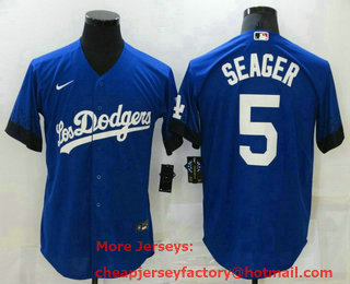 Men's Los Angeles Dodgers #5 Corey Seager Blue 2021 City Connect Cool Base Stitched Jersey