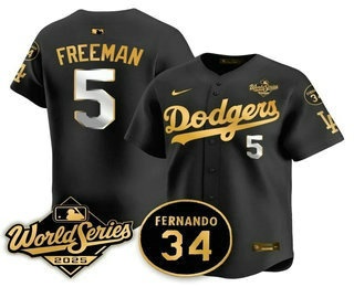 Men's Los Angeles Dodgers #5 Freddie Freeman Black Gold 2025 World Series Patch Limited Stitched Jersey