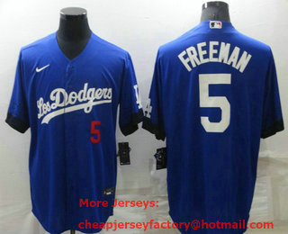 Men's Los Angeles Dodgers #5 Freddie Freeman Blue 2022 City Connect Number Cool Base Stitched Jersey