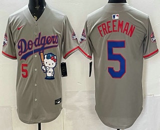 Men's Los Angeles Dodgers #5 Freddie Freeman Grey Hello Kitty 2025 World Series Champions Limited Jersey
