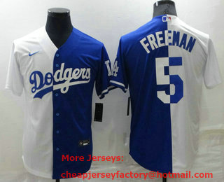 Men's Los Angeles Dodgers #5 Freddie Freeman White Blue Split Cool Base Stitched Baseball Jersey