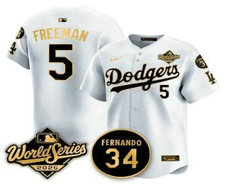Men's Los Angeles Dodgers #5 Freddie Freeman White Gold 2025 World Series Patch Limited Stitched Jersey