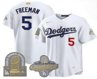 Men's Los Angeles Dodgers #5 Freddie Freeman White Gold 9x Champs Collection Stadium Jersey