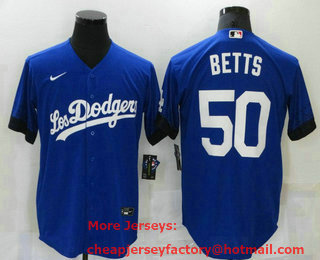 Men's Los Angeles Dodgers #50 Mookie Betts Blue 2021 City Connect Cool Base Stitched Jersey