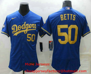 Men's Los Angeles Dodgers #50 Mookie Betts Blue Gold Championship Stitched MLB Flex Base Nike Jersey