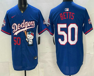 Men's Los Angeles Dodgers #50 Mookie Betts Blue Hello Kitty 2025 World Series Champions Limited Jersey