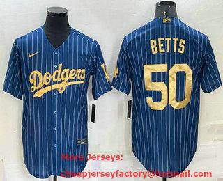 Men's Los Angeles Dodgers #50 Mookie Betts Navy Blue Gold Pinstripe Stitched MLB Cool Base Nike Jersey