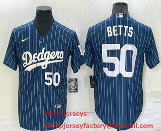 Men's Los Angeles Dodgers #50 Mookie Betts Number Navy Blue Pinstripe Stitched MLB Cool Base Nike Jersey