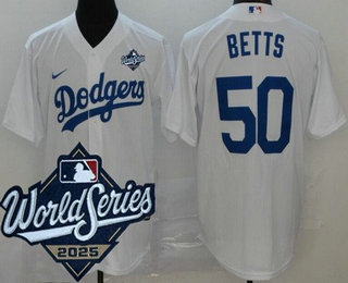 Men's Los Angeles Dodgers #50 Mookie Betts White 2025 World Series Cool Base Jersey