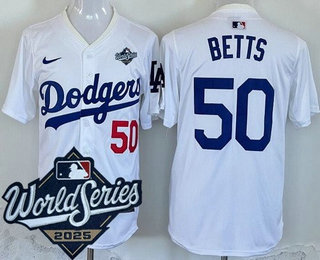 Men's Los Angeles Dodgers #50 Mookie Betts White 2025 World Series Limited Jersey