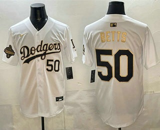 Men's Los Angeles Dodgers #50 Mookie Betts White Gold 2025 World Series Champions Patch Limited Stitched Jersey