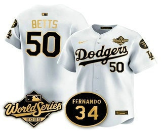 Men's Los Angeles Dodgers #50 Mookie Betts White Gold 2025 World Series Patch Limited Stitched Jersey