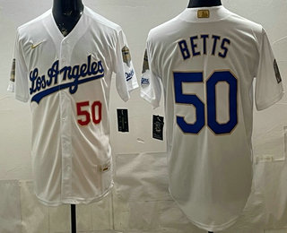 Men's Los Angeles Dodgers #50 Mookie Betts White Gold 9x B2B Champs Collection Limited Jersey