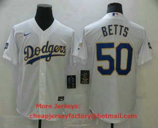 Men's Los Angeles Dodgers #50 Mookie Betts White Gold Championship Stitched MLB Cool Base Nike Jersey