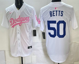 Men's Los Angeles Dodgers #50 Mookie Betts White Pink Limited Stitched Jersey