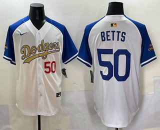 Men's Los Angeles Dodgers #50 Mookie Betts White Royal Gold Limited Stitched Jersey