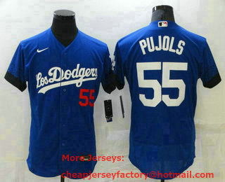 Men's Los Angeles Dodgers #55 Albert Pujols Blue 2021 City Connect Flex Base Stitched Jersey