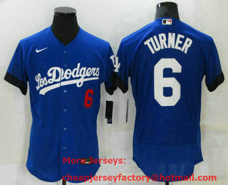 Men's Los Angeles Dodgers #6 Trea Turner Blue 2021 City Connect Flex Base Stitched Jersey