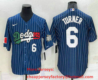Men's Los Angeles Dodgers #6 Trea Turner Number Navy Blue Pinstripe 2020 World Series Cool Base Nike Jersey