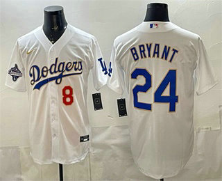 Men's Los Angeles Dodgers #8 24 Kobe Bryant White Gold 2025 World Series Champions Patch Jersey