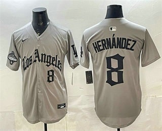 Men's Los Angeles Dodgers #8 Enrique Hernandez Grey LA Gothic Style 2025 World Series Champions Patch Limited Jersey