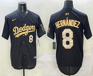 Men's Los Angeles Dodgers #8 Enrique Hernandez Number Black Gold Stitched Cool Base Jersey