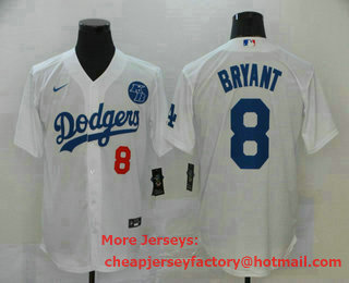 Men's Los Angeles Dodgers #8 Kobe Bryant White KB Patch Stitched MLB Cool Base Nike Jersey