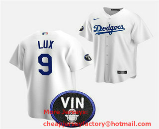 Men's Los Angeles Dodgers #9 Gavin Lux 2022 White Vin Scully Patch Cool Base Stitched Baseball Jersey