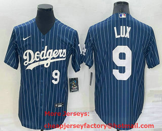 Men's Los Angeles Dodgers #9 Gavin Lux Number Navy Blue Pinstripe Stitched MLB Cool Base Nike Jersey