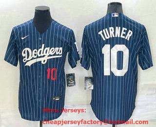 Men's Los Angeles Dodgers #10 Justin Turner Number Red Navy Blue Pinstripe Stitched MLB Cool Base Nike Jersey