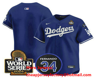 Men's Los Angeles Dodgers Blank Royal 2024 World Series With Fernando 34 Patch Limited Stitched Jersey