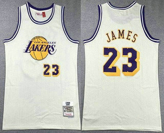 Men's Los Angeles Lakers #23 LeBron James Cream Chainstitch Throwback Swingman Jersey