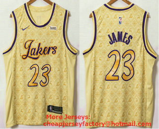 Men's Los Angeles Lakers #23 LeBron James Yellow 2021 Nike Swingman Stitched NBA Fashion Jersey With NEW Sponsor Logo