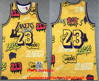 Men's Los Angeles Lakers #23 LeBron James Yellow Doodle Fashion Swingman Throwback Jersey