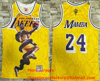 Men's Los Angeles Lakers #24 Kobe Bryant Mamba Yellow Floral Laser Printing Throwback Jersey