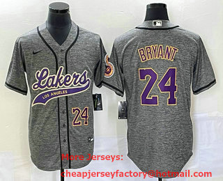 Men's Los Angeles Lakers #24 Kobe Bryant Number Grey Gridiron Cool Base Stitched Baseball Jersey