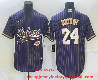 Men's Los Angeles Lakers #24 Kobe Bryant Purple Pinstripe With Patch Cool Base Stitched Baseball Jersey 02