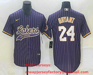 Men's Los Angeles Lakers #24 Kobe Bryant Purple Pinstripe With Patch Cool Base Stitched Baseball Jersey 03