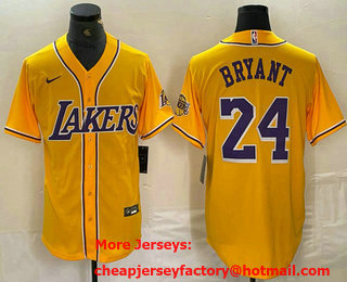 Men's Los Angeles Lakers #24 Kobe Bryant Yellow Purple With Patch Cool Base Stitched Baseball Jersey 02
